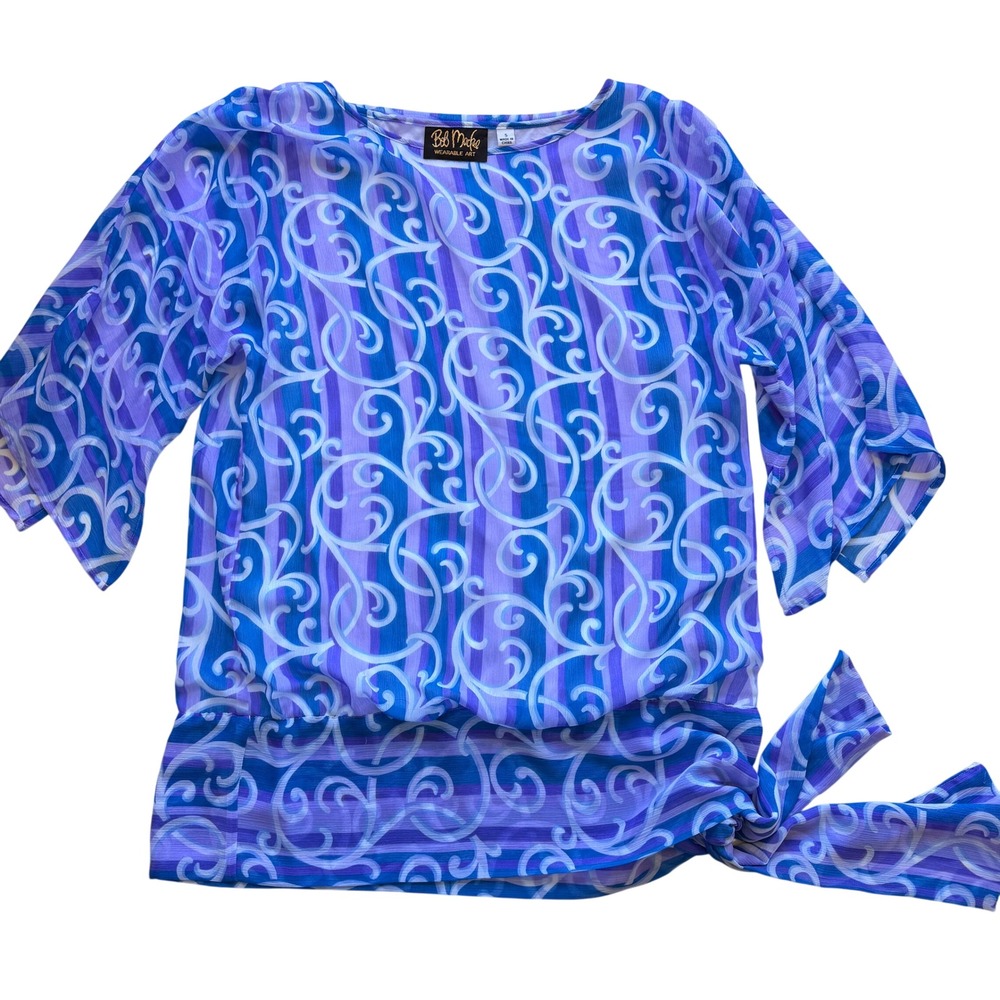 Bob Mackie Wearable Art Women Scroll Print Side Tie Blouse Blue Purple‎ Small
